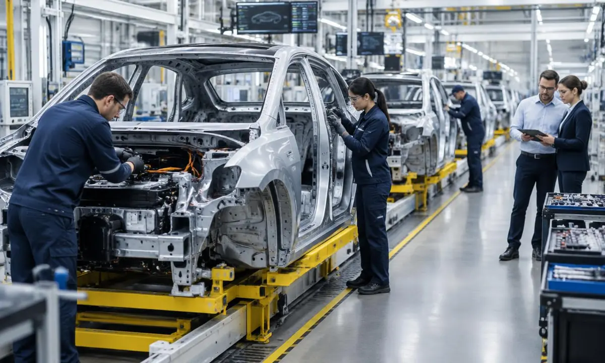 Engineers and technicians working on electric vehicle bodies on a modern automotive assembly line