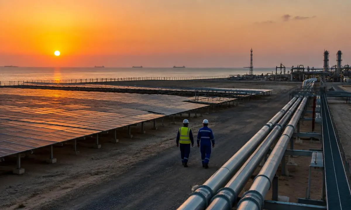 Technicians walking between a solar farm and pipelines at a Gulf energy project at sunset