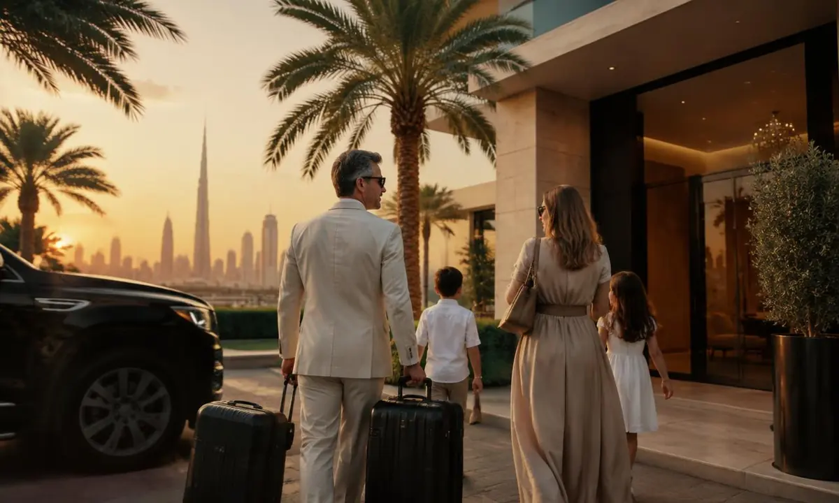 Senior executive and family arriving with luggage at a residence in Dubai at sunset