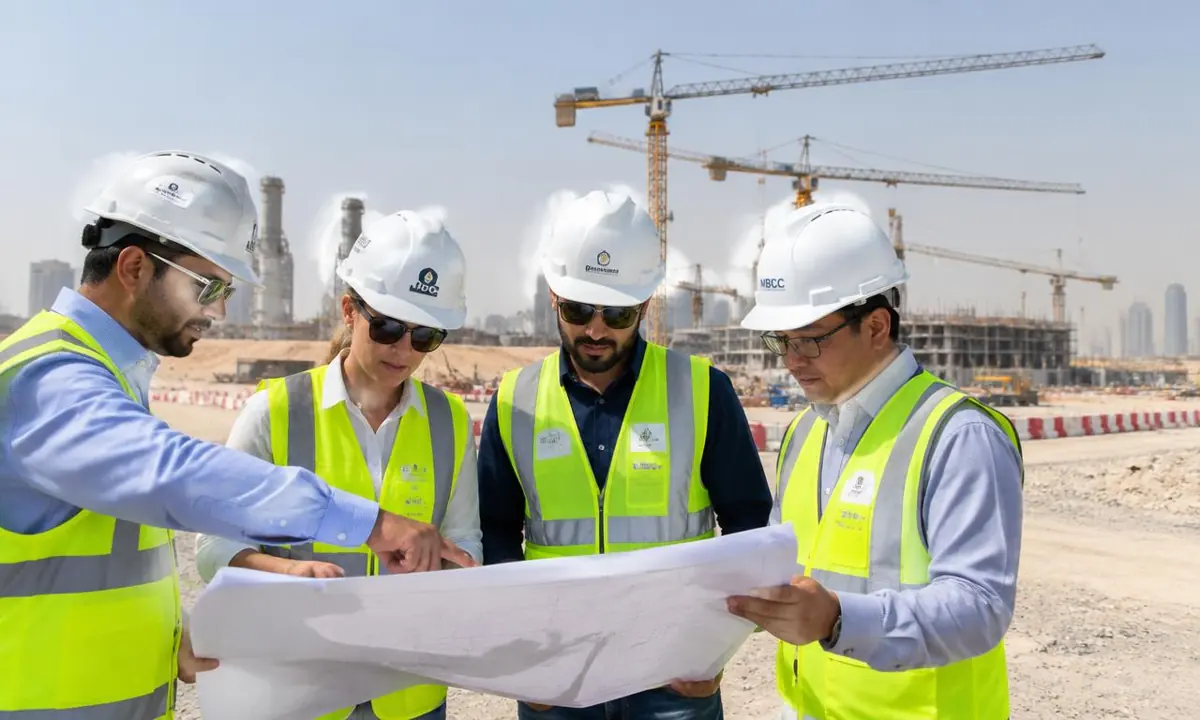 Multinational project engineers in hard hats reviewing plans at a construction site in the Gulf