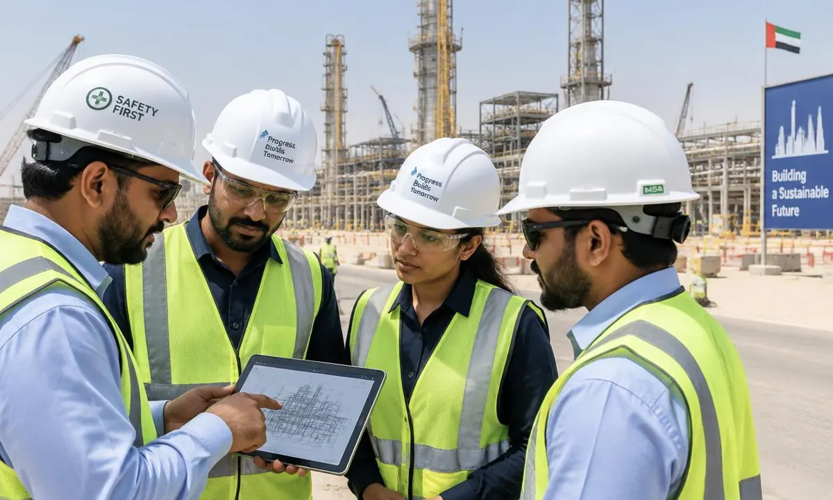 Indian engineers in safety gear reviewing technical drawings on a tablet at a Gulf project site