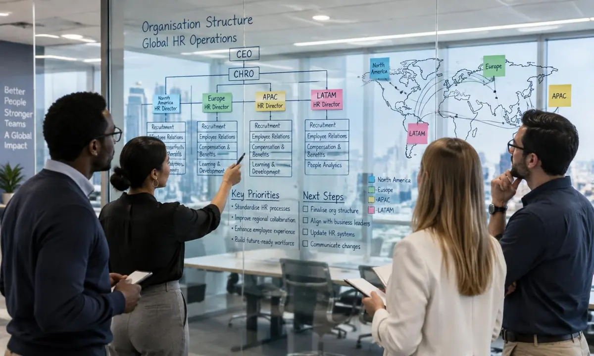 HR operations team mapping a multi-region global mobility organisation structure on a glass wall