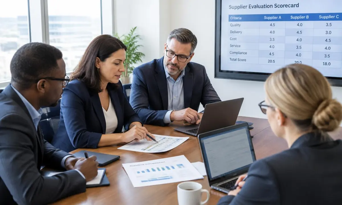 Procurement and HR leaders comparing global mobility provider proposals on a scorecard in a boardroom