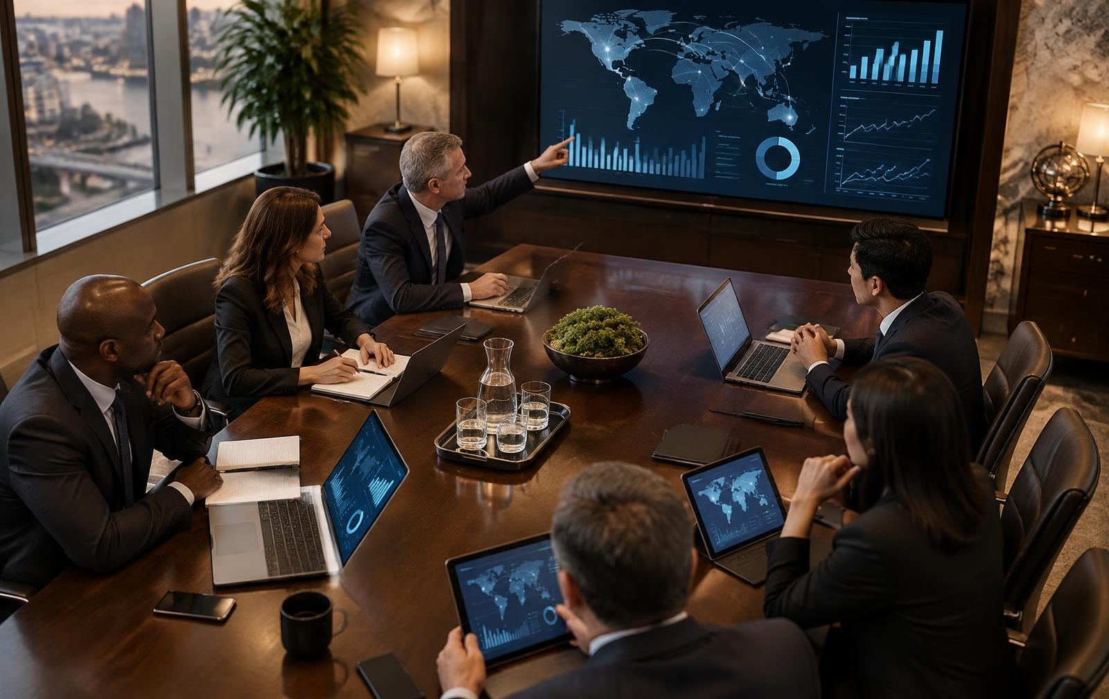 Corporate boardroom with executives reviewing global mobility strategy on screens showing a world map and financial dashboards