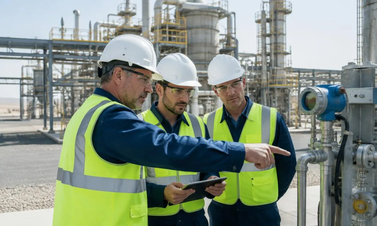 German engineering specialists inspecting industrial equipment at a Saudi project site