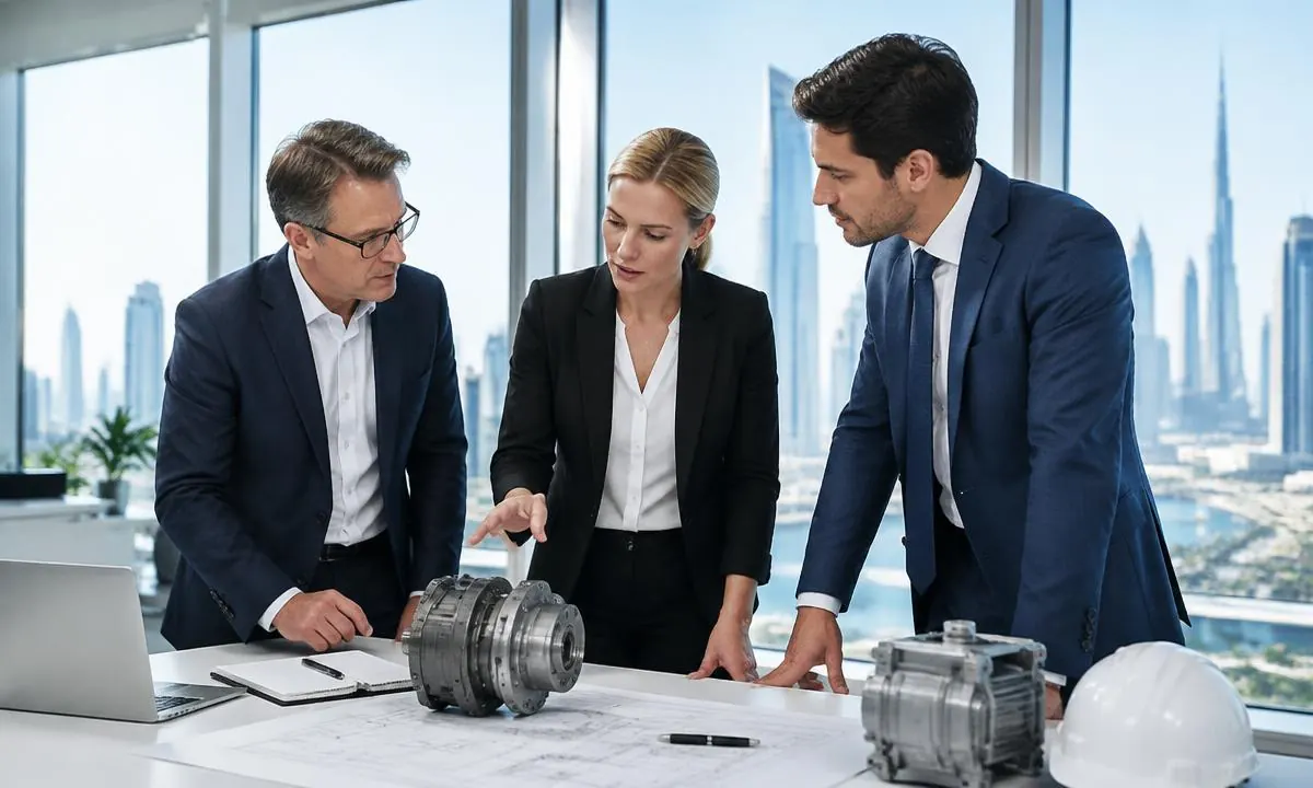 German industrial specialists discussing technical equipment in a Dubai regional office