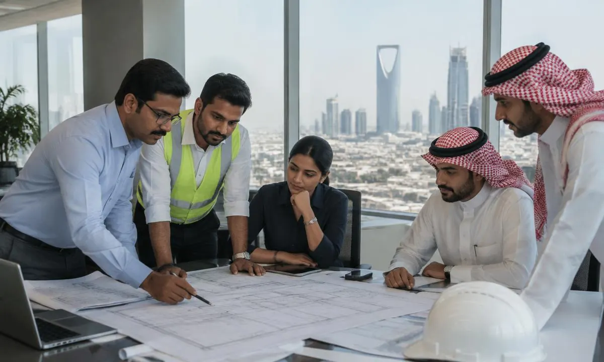 Indian and Saudi project managers reviewing engineering plans in a Riyadh office