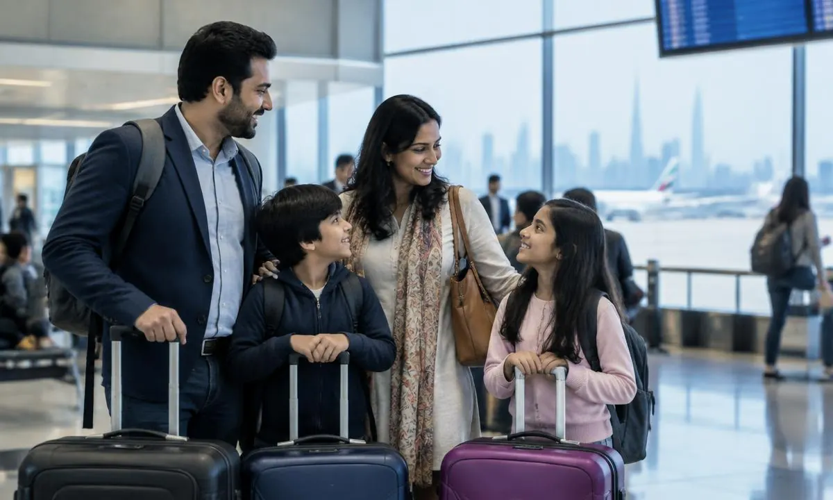 Indian professional family preparing for an international move at an airport