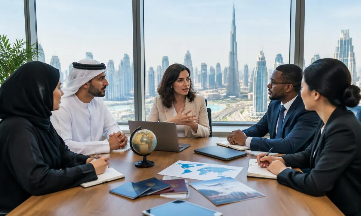 Mobility and HR professionals planning international employee moves in a Dubai office