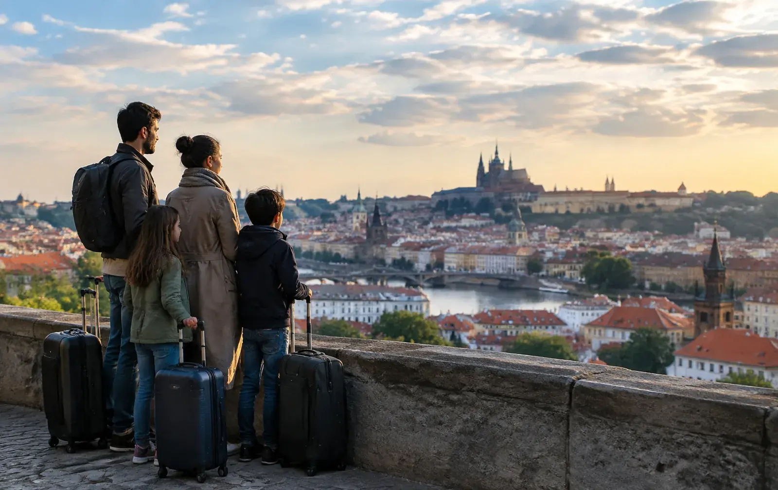 A family looking out over a new city skyline, representing relocation and family settling-in support for international assignments.