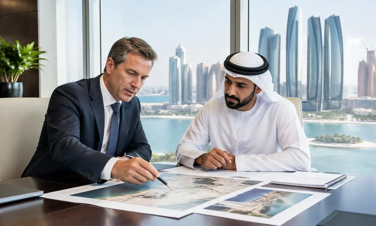 US executive and UAE colleague reviewing expansion plans in an Abu Dhabi office