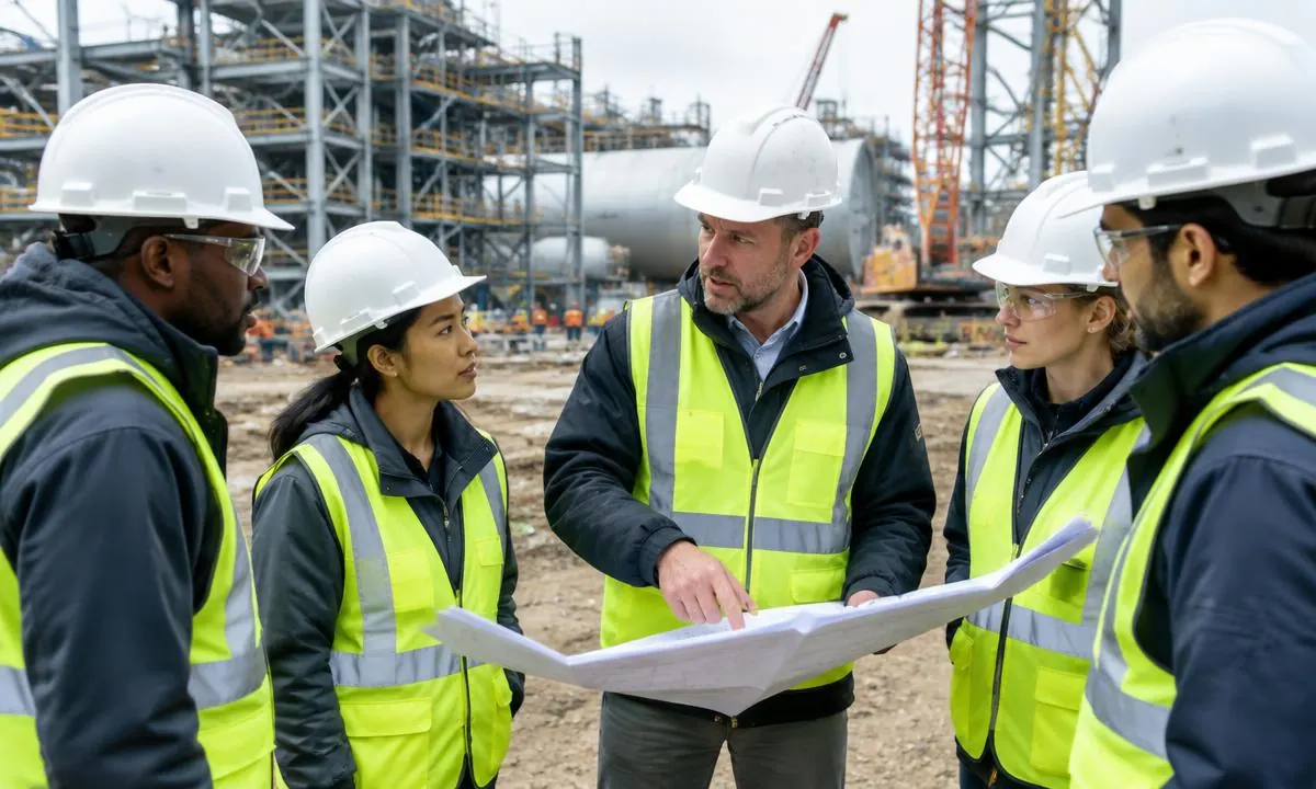 International engineering project team coordinating work at a construction site