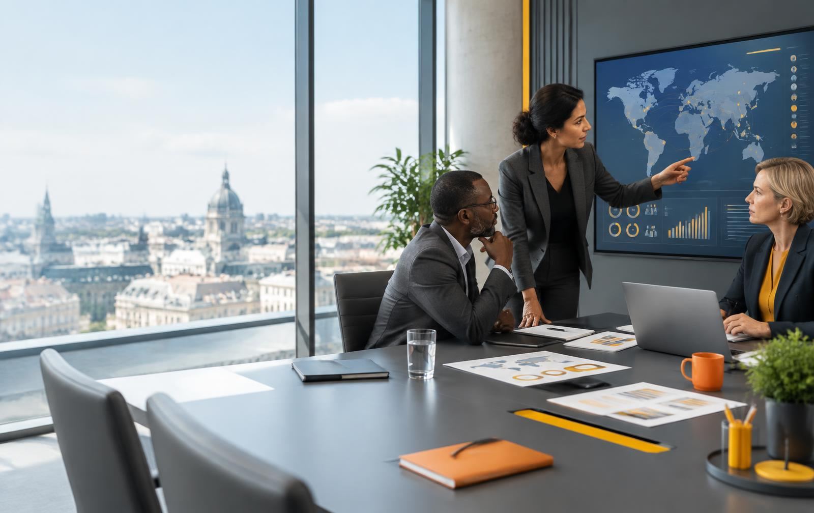Finance and HR leaders reviewing an international workforce operating dashboard