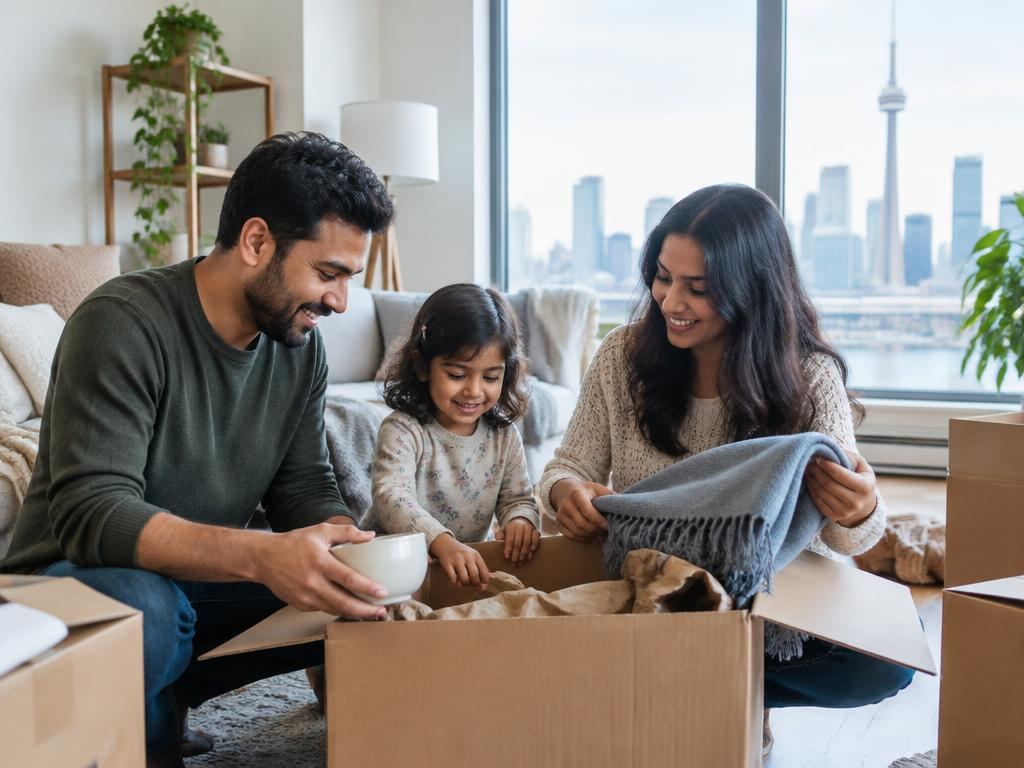 Family unpacking in a Toronto apartment