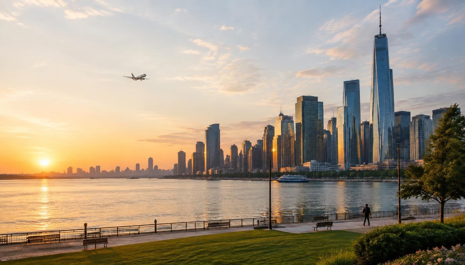 International business district across a river at sunrise