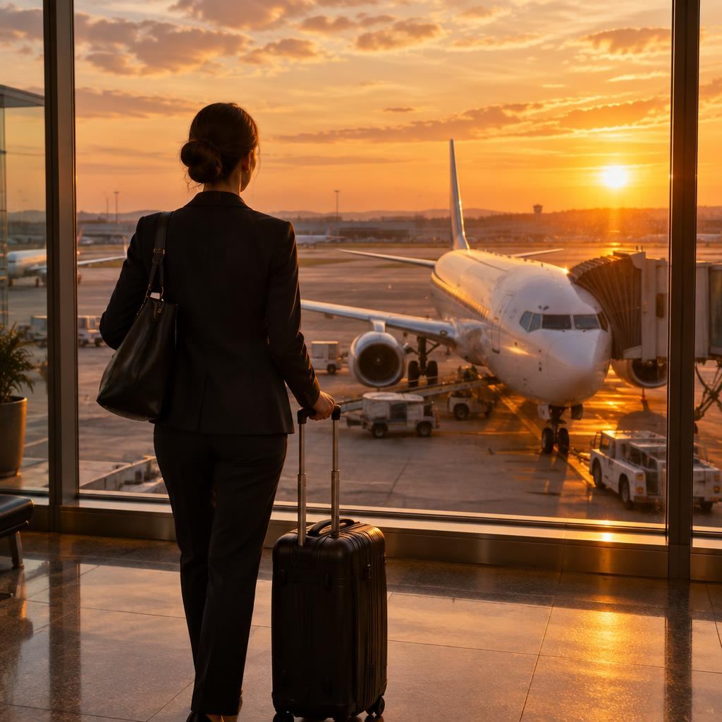 Business traveller with a suitcase looking at a plane through an airport window at sunset