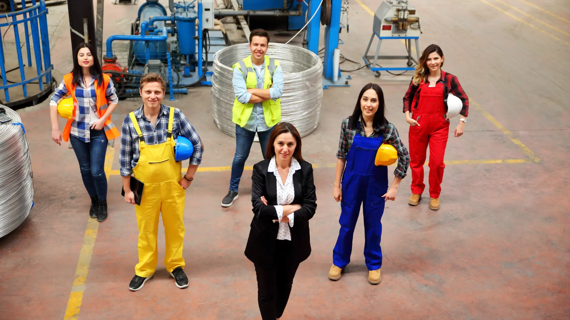 Diverse industrial and logistics workforce in safety gear — global immigration and work permit services by xpath.global