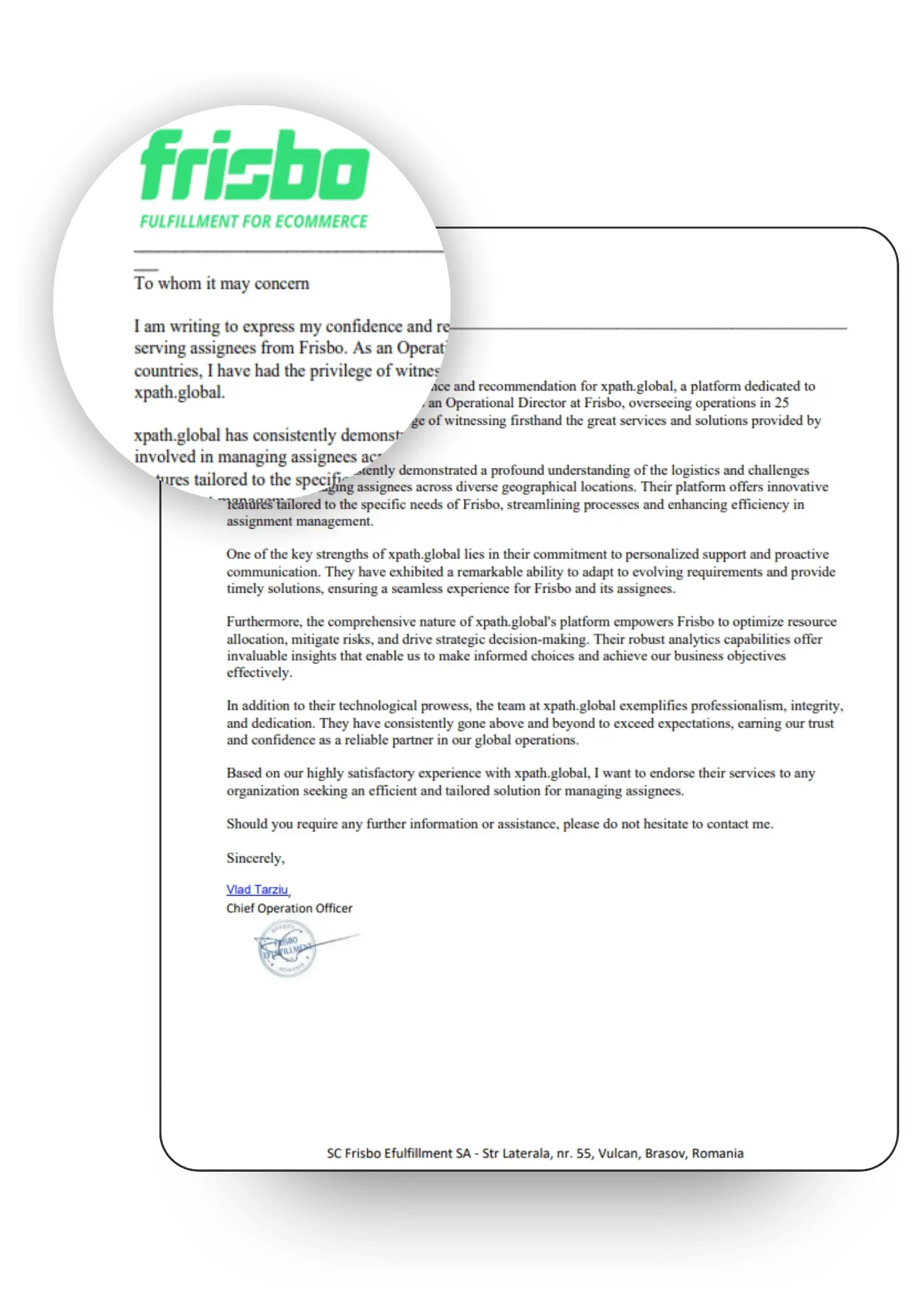 Letter of recommendation from FRISBO