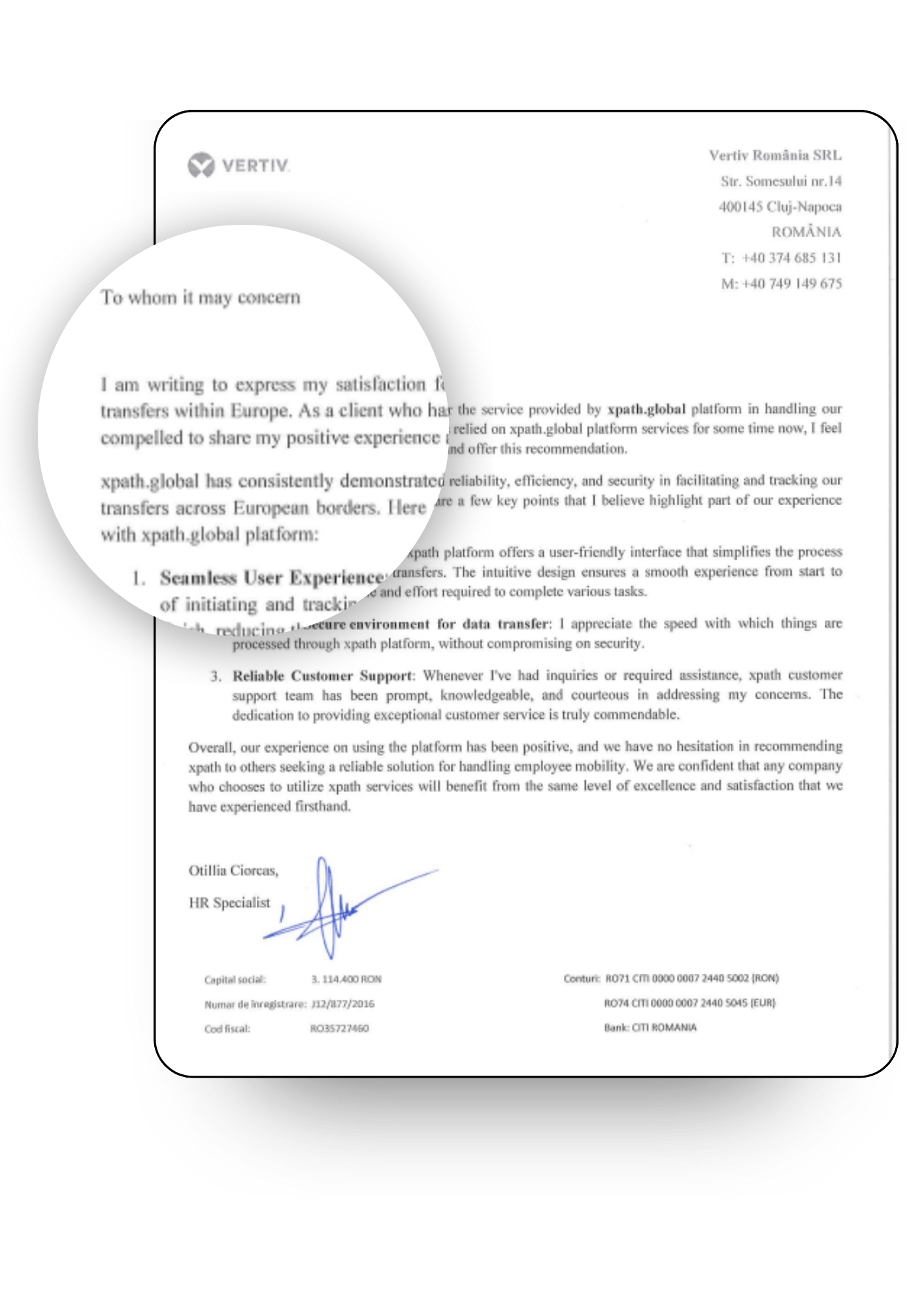 Letter of recommendation from VERTIV