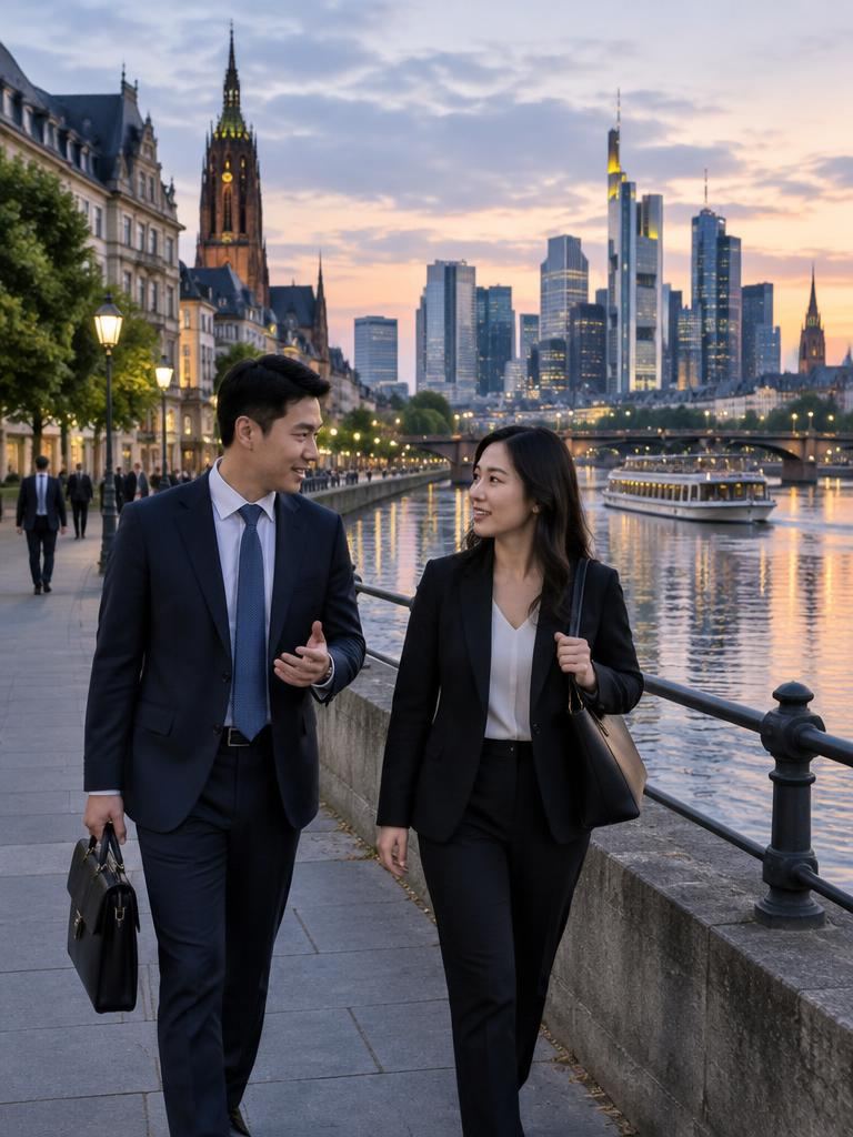 Chinese business professionals walking along a European river embankment at dusk