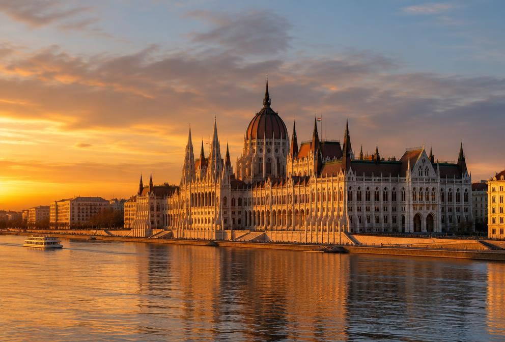 The Budapest Parliament building along the Danube at golden hour