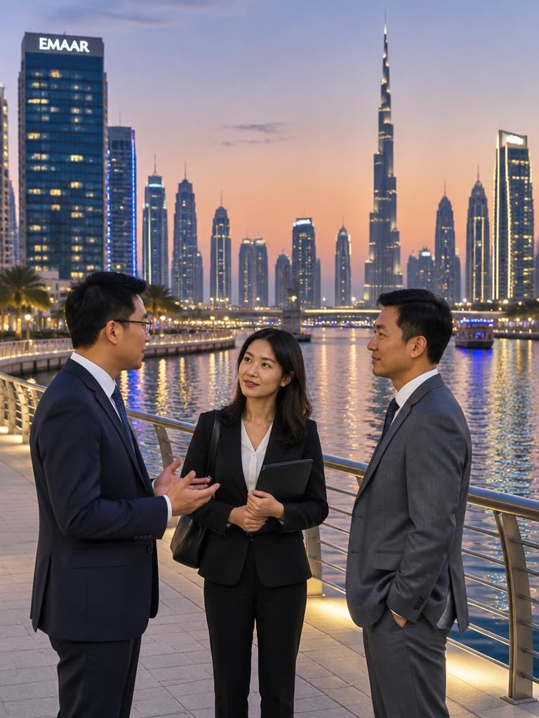 Chinese business professionals talking on a promenade along the Dubai Water Canal at dusk