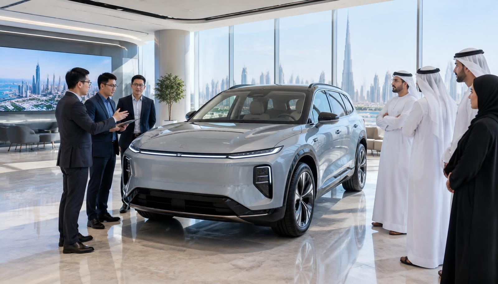 Chinese engineers and European executives discussing around a modern electric SUV in a showroom