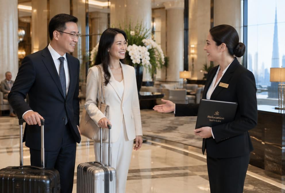 A Chinese executive couple with luggage being greeted by a relocation consultant in a hotel lobby