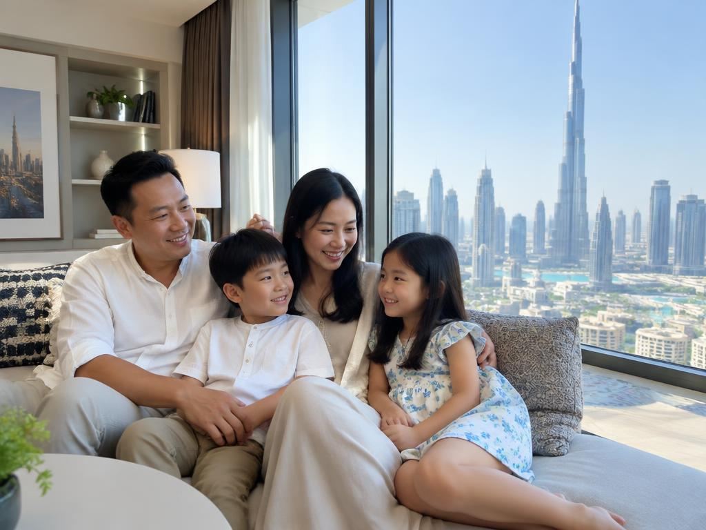A Chinese family relaxing in a bright apartment with a city skyline through the window