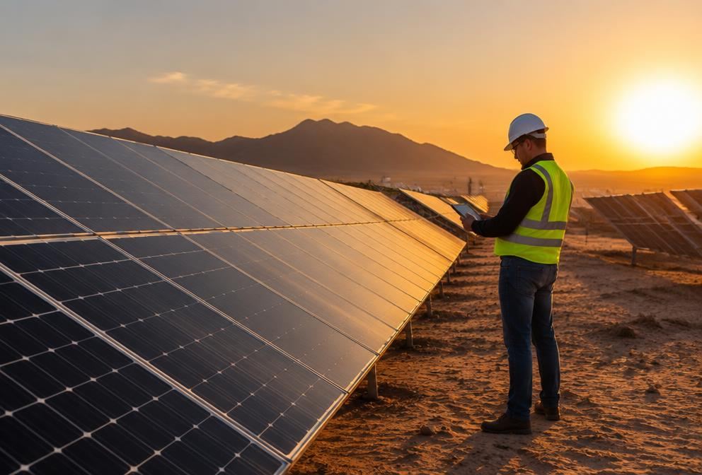 An engineer inspecting solar panels