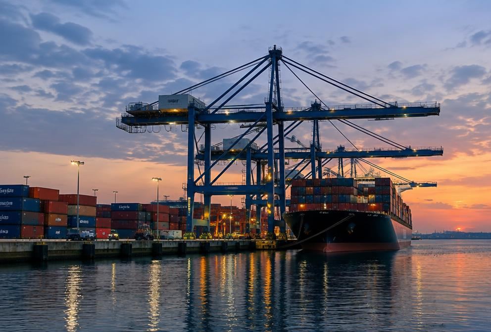 A container port at dusk