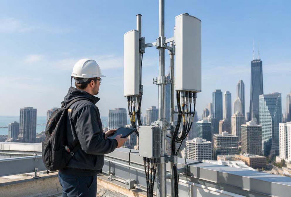 A telecommunications engineer inspecting 5G antennas on a rooftop