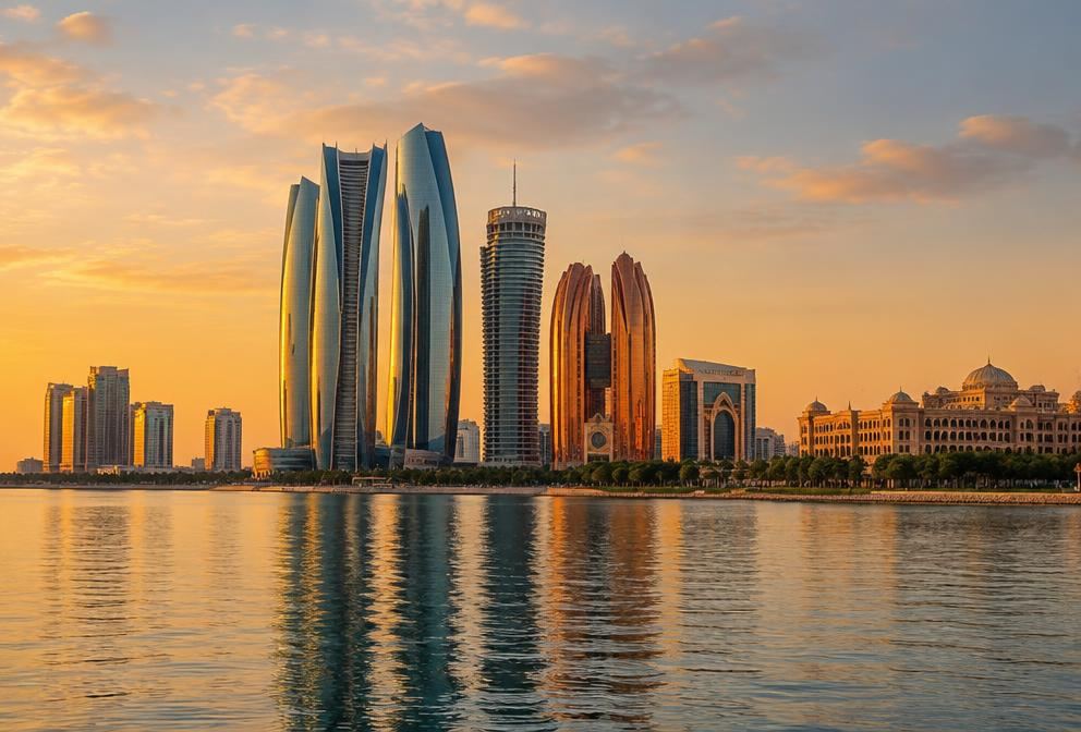 The Abu Dhabi skyline with Etihad Towers seen across the Corniche waterfront at golden hour