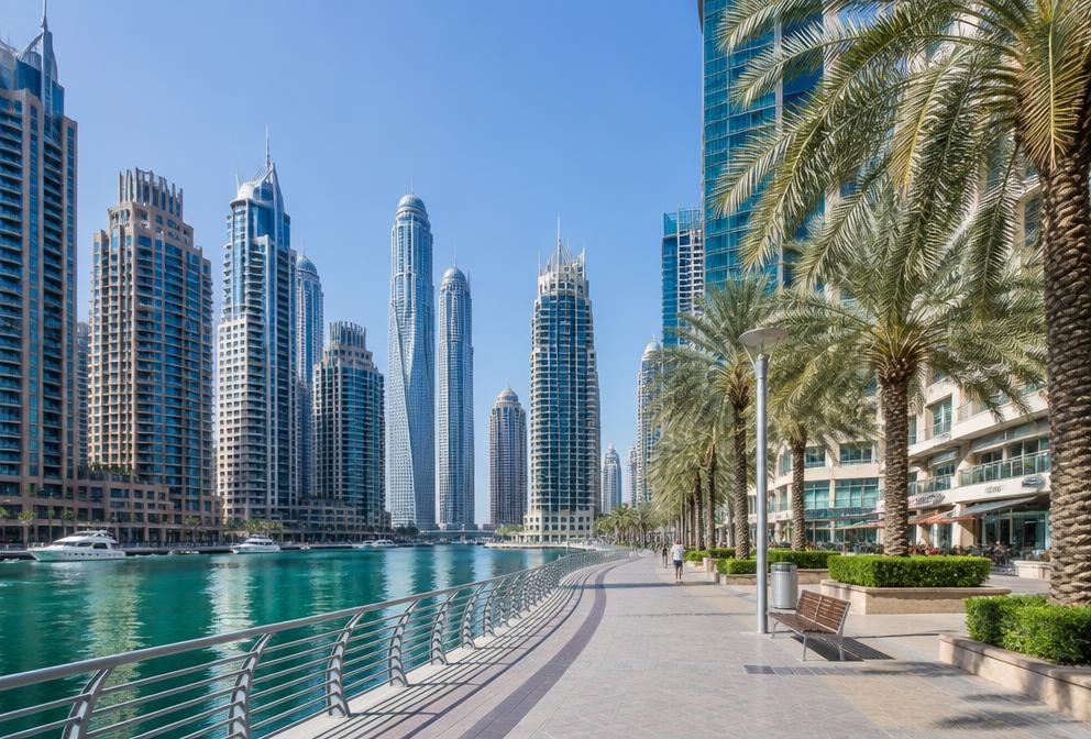Dubai Marina waterfront promenade with residential towers and palm trees