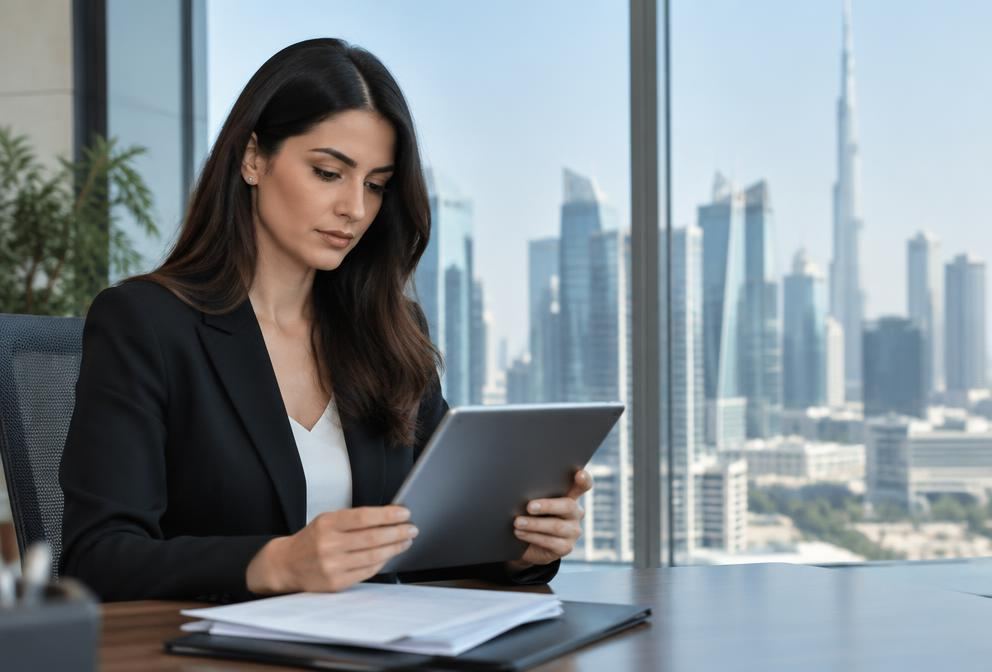 Businesswoman reviewing visa documents in a Dubai office with the skyline behind
