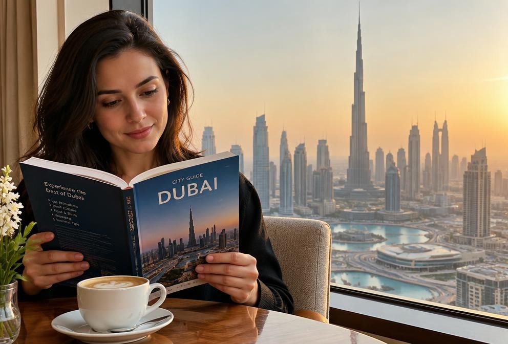 Person reading a Dubai city guide over coffee with the skyline behind