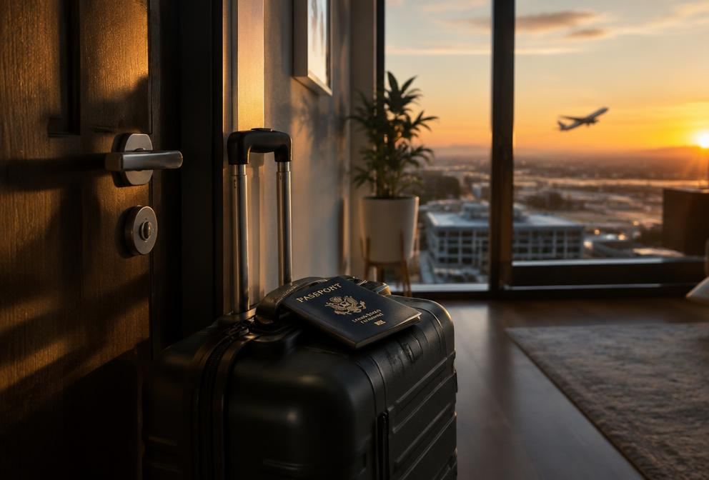 Packed suitcase and passport by an apartment door with a plane taking off at sunset