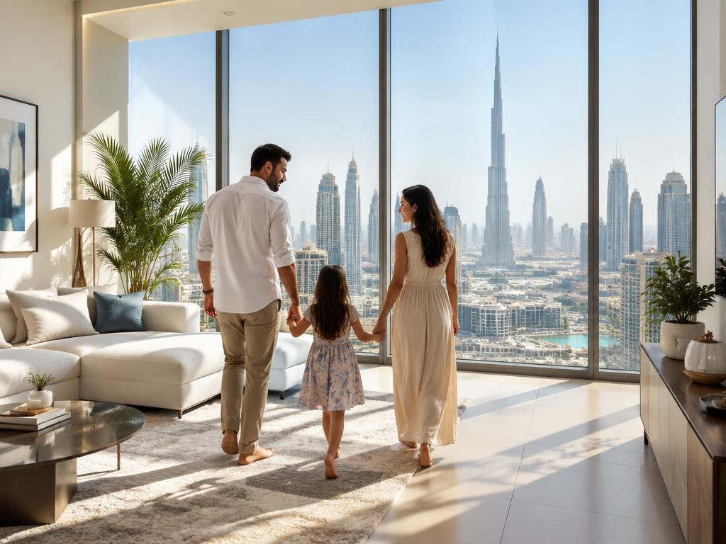 Parents walking hand in hand with their daughter through a bright Dubai apartment, with the Burj Khalifa and skyline behind the windows