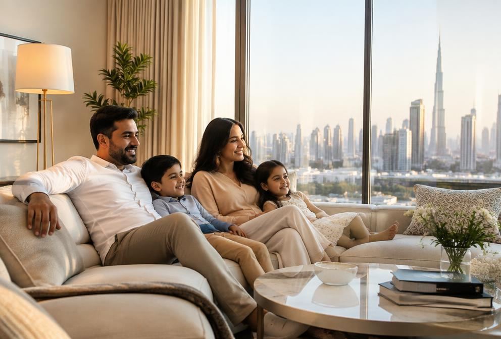 A family settling into their new home with a relocation consultant