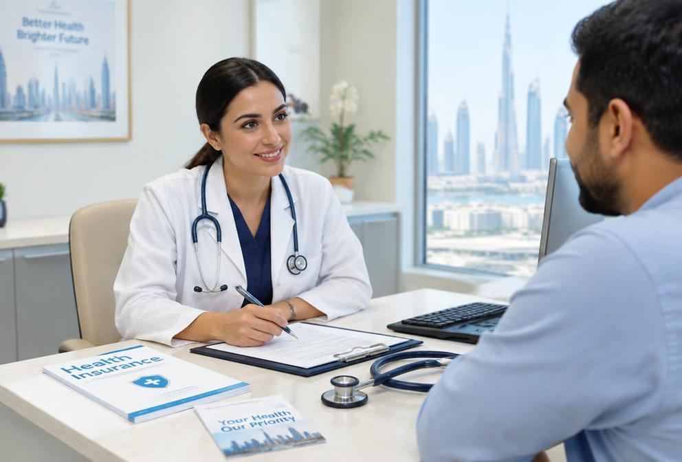Doctor in a Dubai clinic explaining health insurance documents to a patient