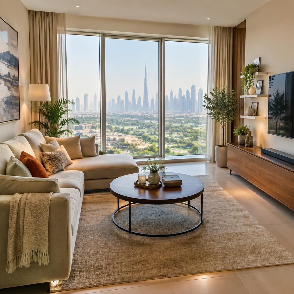 A bright, furnished living room in a Dubai apartment with the city skyline visible through the windows