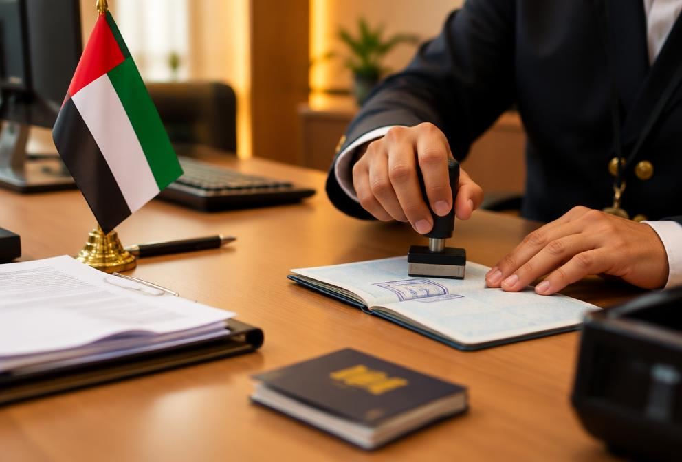 Passport being stamped at an immigration desk with a UAE flag