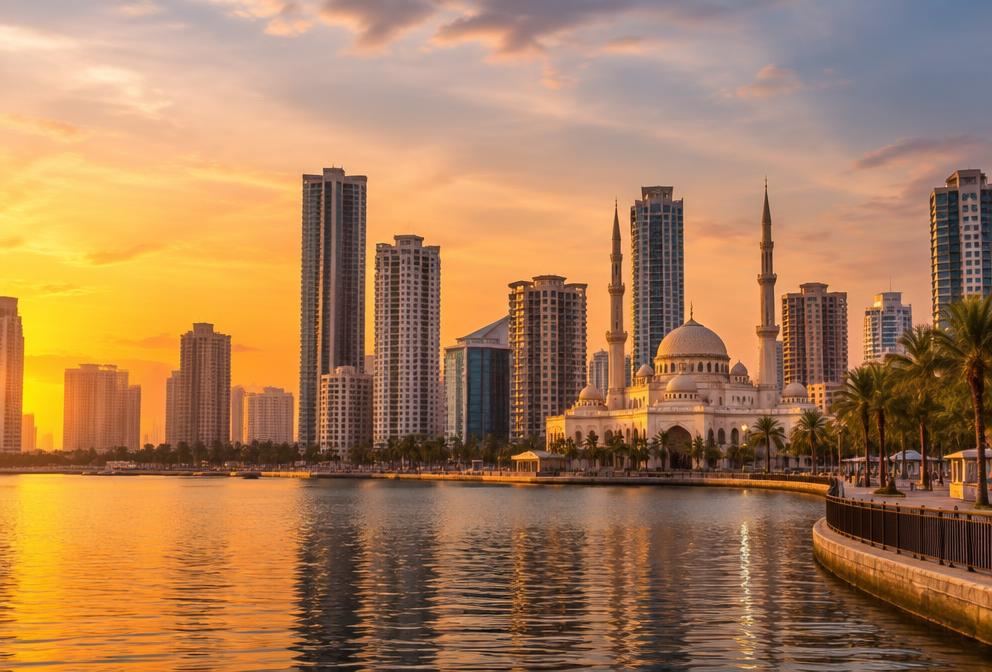 The Sharjah waterfront with Al Noor Mosque and residential towers at sunset