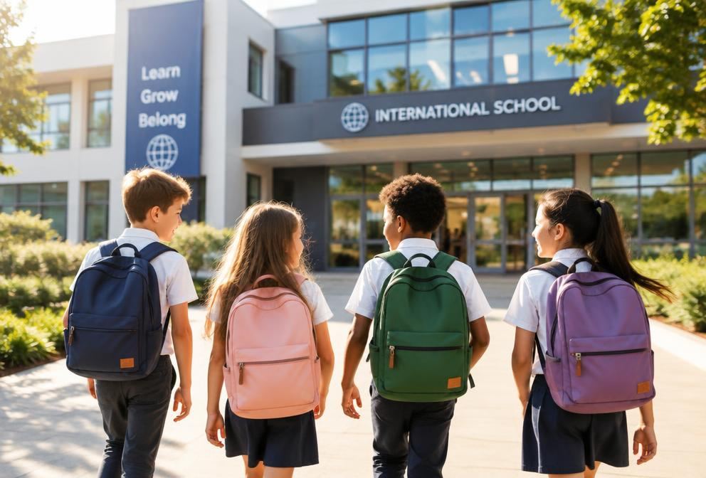 Children with backpacks walking toward an international school