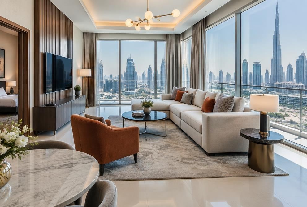 Bright serviced apartment living room with a Dubai skyline view