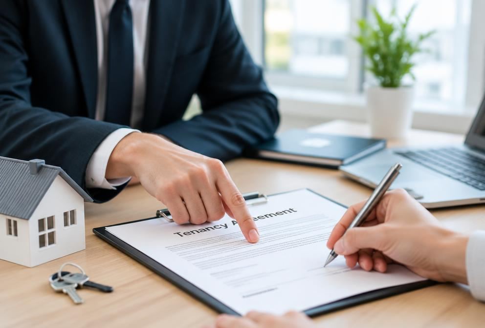 Close-up of a tenancy agreement being signed at a table
