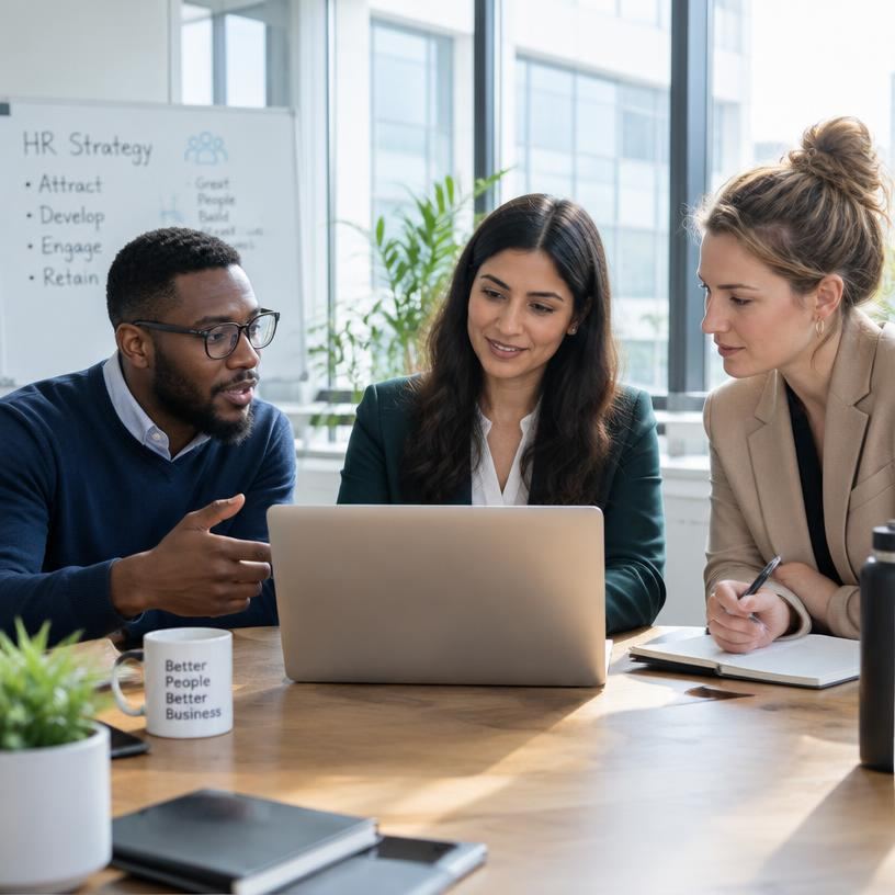 HR professionals discussing strategy around a laptop