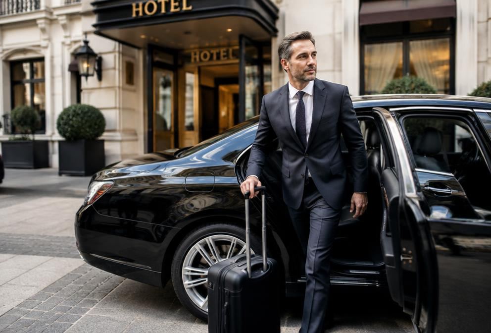 An executive with a suitcase arriving at a European hotel
