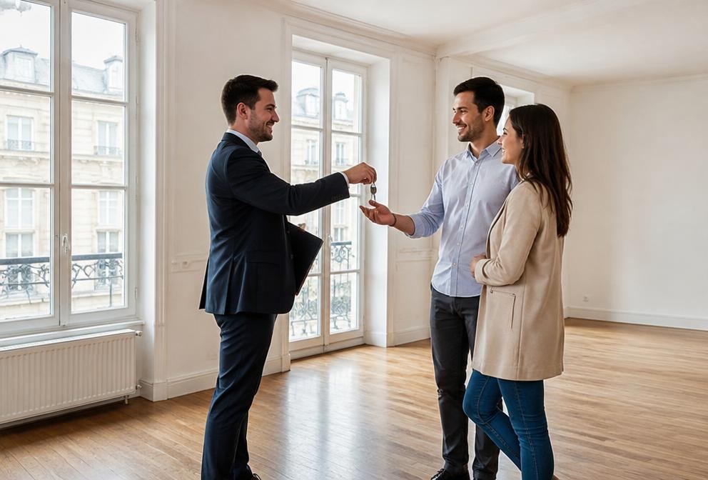An agent handing keys to a couple in a bright European apartment