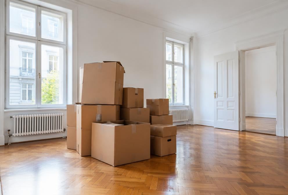 Cardboard moving boxes in a bright European living room